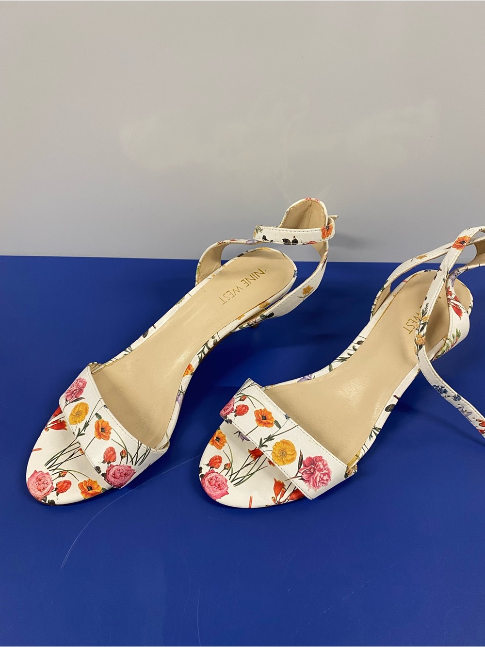 Nine West White Floral Open-Toe Ankle-Strap Sandals